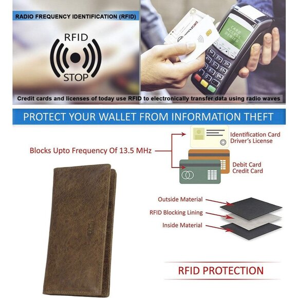 RFID Blocking Mens Genuine leather Bifold Long Wallet KHAKI - Picture 5 of 5